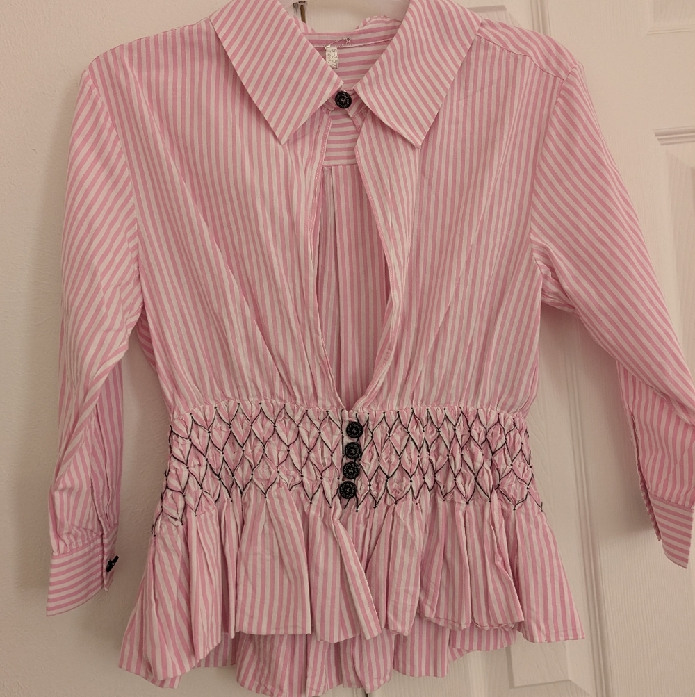 Chanel Pink and White Striped Peplum Button-Front Blouse